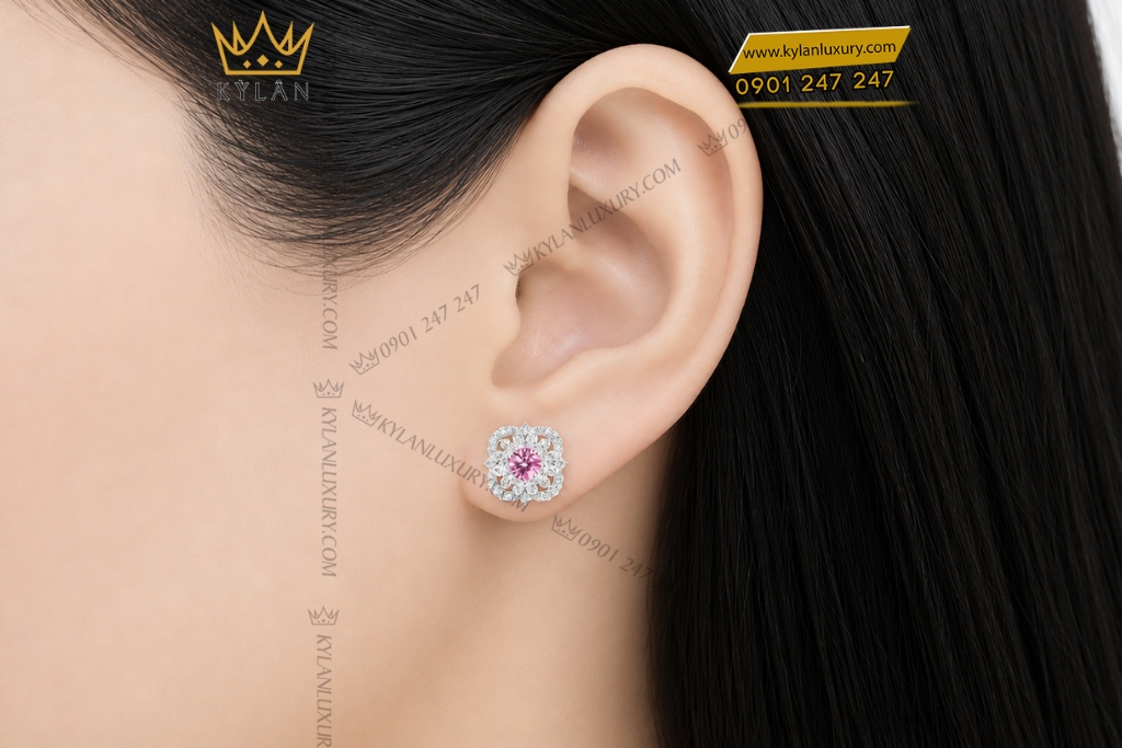Bông tai vàng trắng Au750 đính kim cương và sapphire hồng