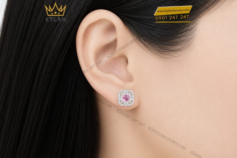 Bông tai vàng trắng Au750 đính kim cương và sapphire hồng