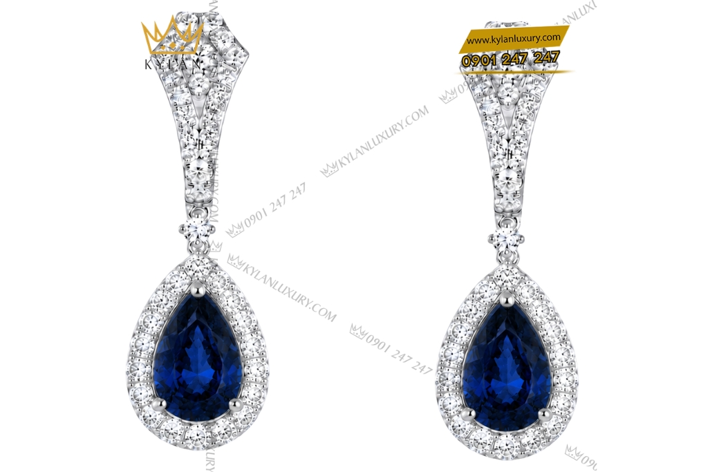 Bông tai vàng trắng Au750 đính kim cương và sapphire xanh dương
