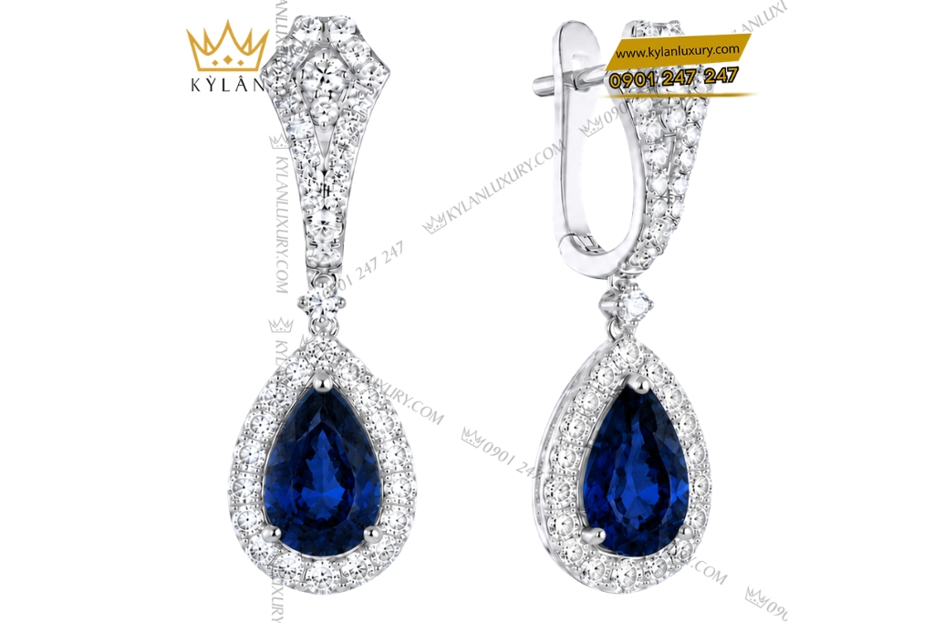 Bông tai vàng trắng Au750 đính kim cương và sapphire xanh dương