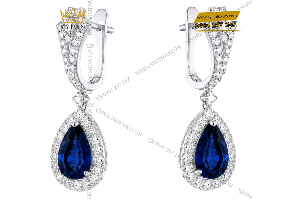 Bông tai vàng trắng Au750 đính kim cương và sapphire xanh dương