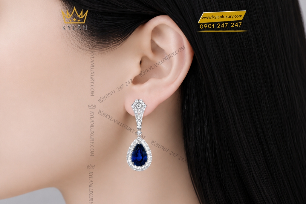 Bông tai vàng trắng Au750 đính kim cương và sapphire xanh dương