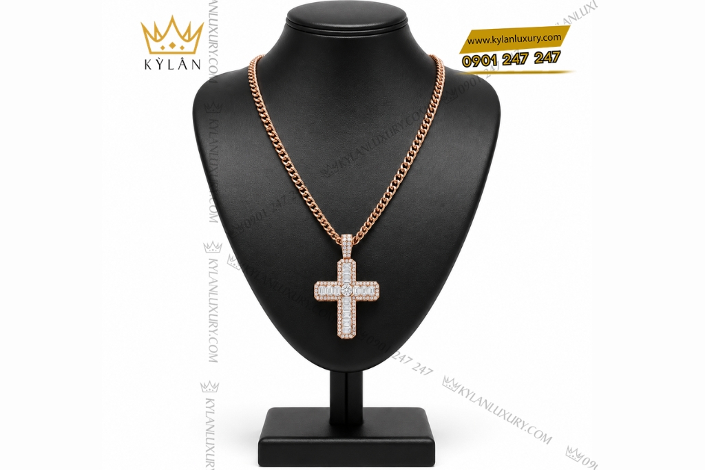 Kỳ Lân Luxury Day chuyen chu thap vang hong Au750 dinh kim cuong 2 Dây chuyền chữ thập vàng hồng Au750 đính kim cương