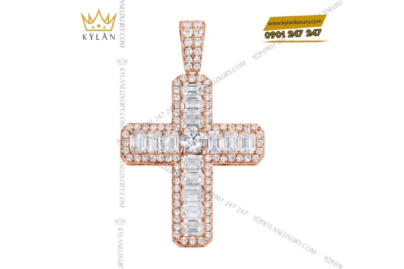 Dây chuyền chữ thập vàng hồng Au750 đính kim cương