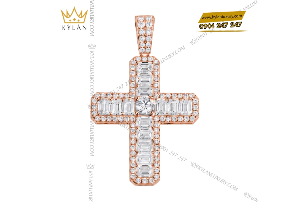Dây chuyền chữ thập vàng hồng Au750 đính kim cương