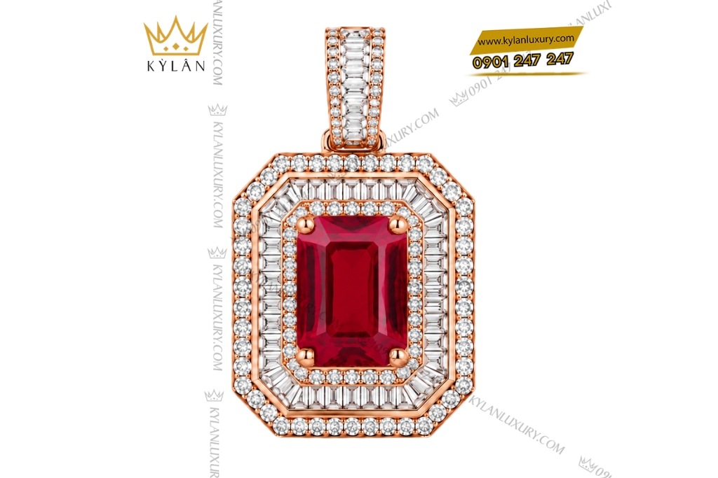 Dây chuyền nam vàng hồng Au750 đính kim cương và sapphire đỏ