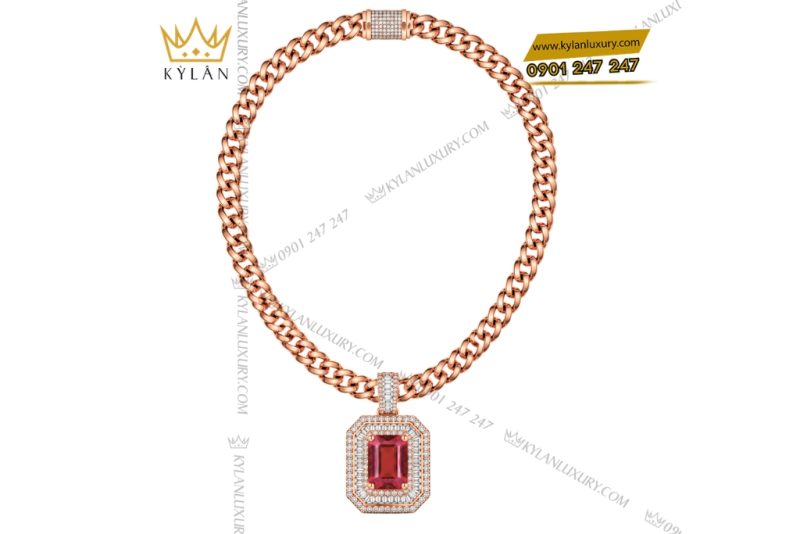 Dây chuyền nam vàng hồng Au750 đính kim cương và sapphire đỏ