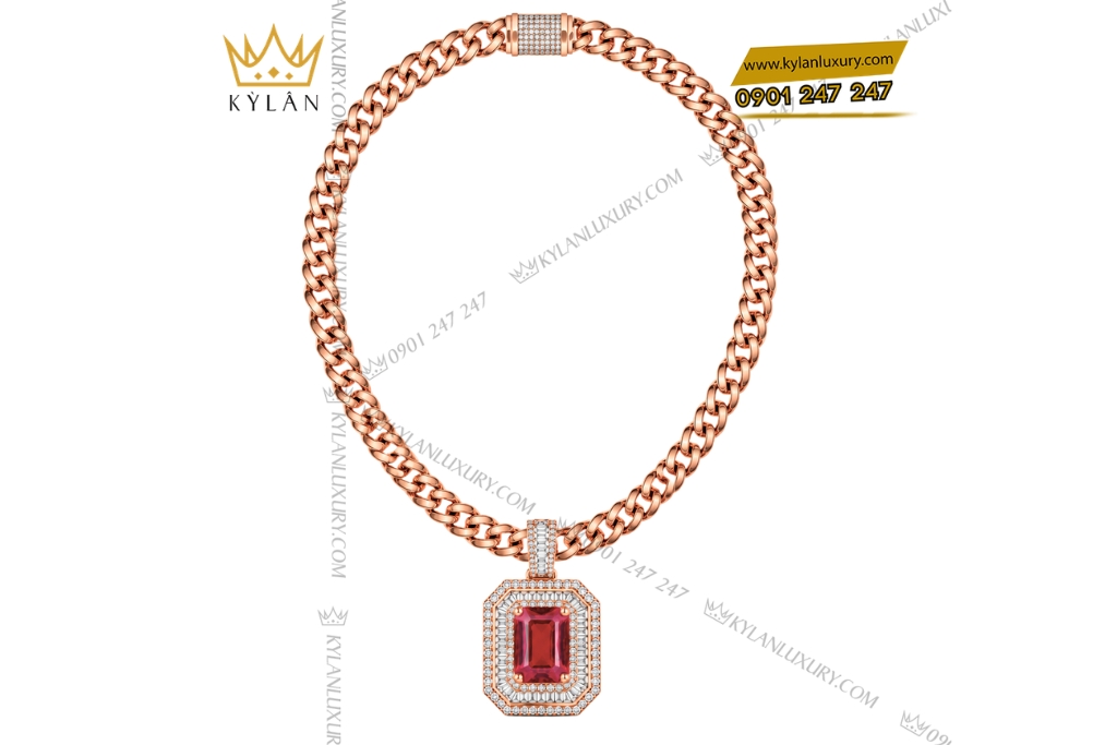 Dây chuyền nam vàng hồng Au750 đính kim cương và sapphire đỏ