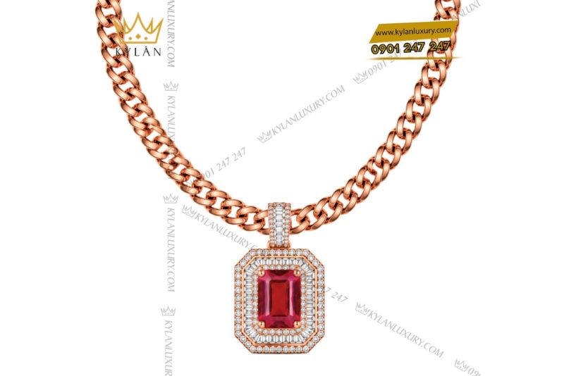 Dây chuyền nam vàng hồng Au750 đính kim cương và sapphire đỏ