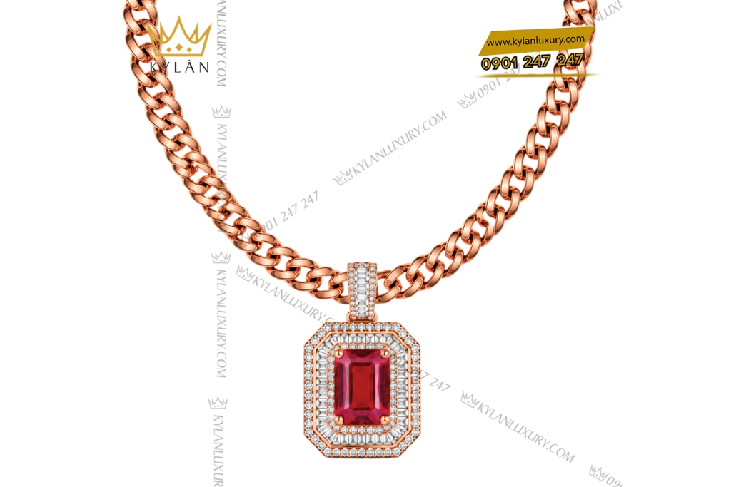 Dây chuyền nam vàng hồng Au750 đính kim cương và sapphire đỏ