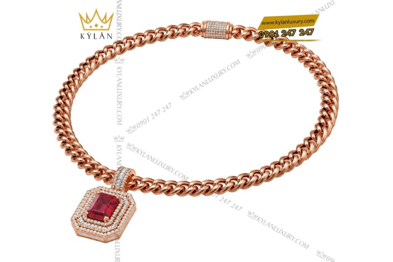 Dây chuyền nam vàng hồng Au750 đính kim cương và sapphire đỏ