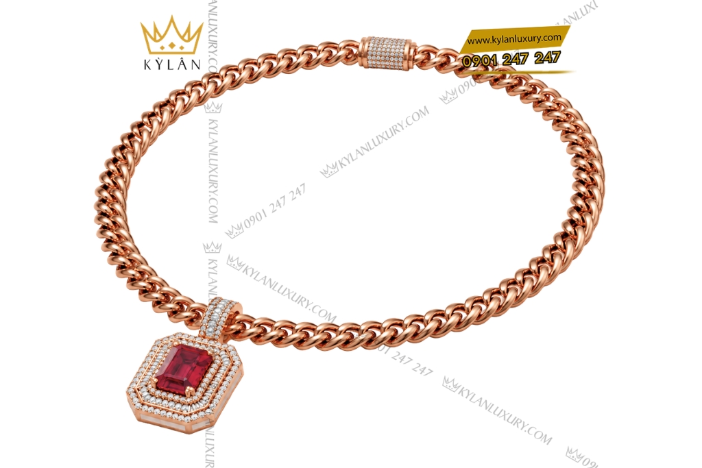 Dây chuyền nam vàng hồng Au750 đính kim cương và sapphire đỏ
