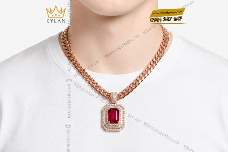 Dây chuyền nam vàng hồng Au750 đính kim cương và sapphire đỏ