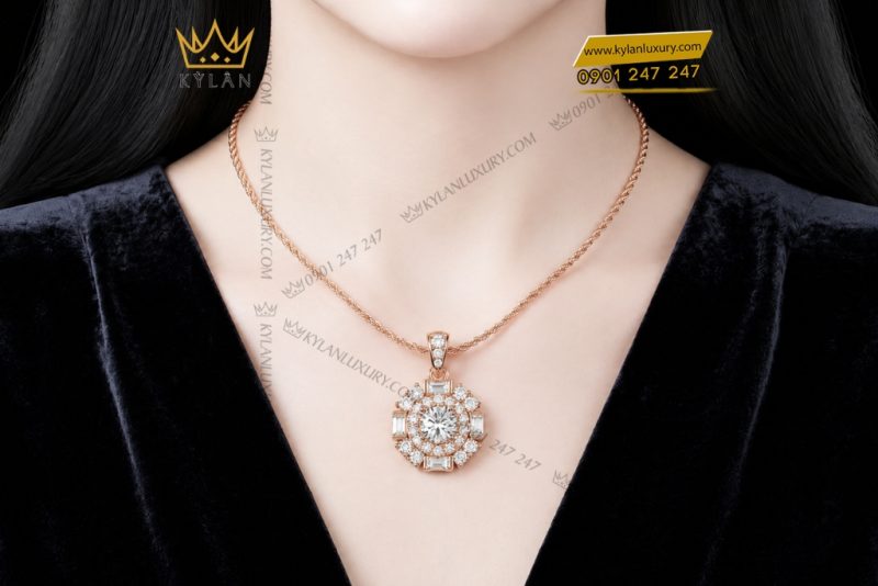 Dây chuyền vàng hồng Au750 đính kim cương