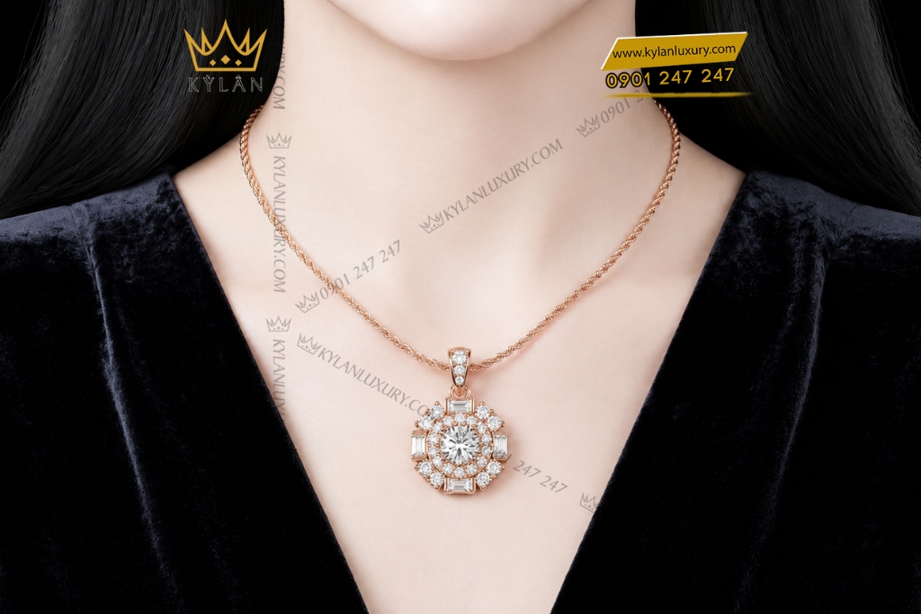 Dây chuyền vàng hồng Au750 đính kim cương