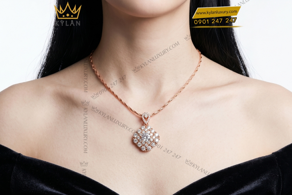 Dây chuyền vàng hồng Au750 đính kim cương