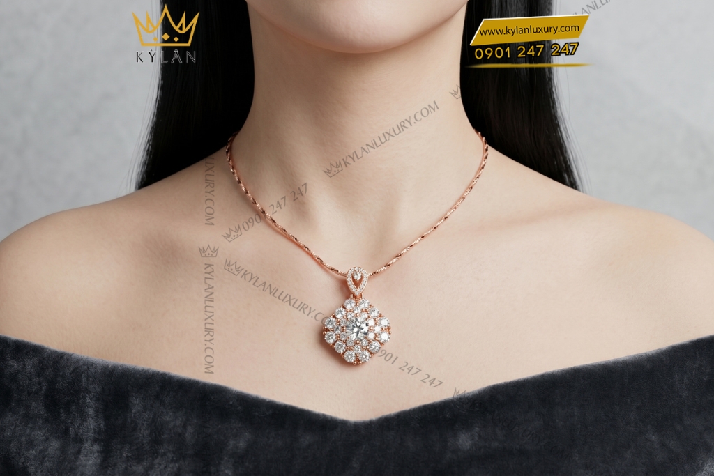 Dây chuyền vàng hồng Au750 đính kim cương