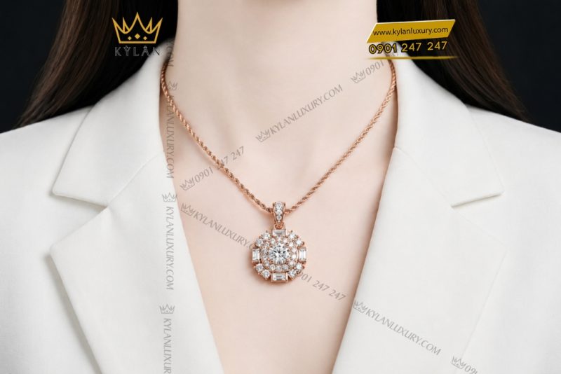 Dây chuyền vàng hồng Au750 đính kim cương