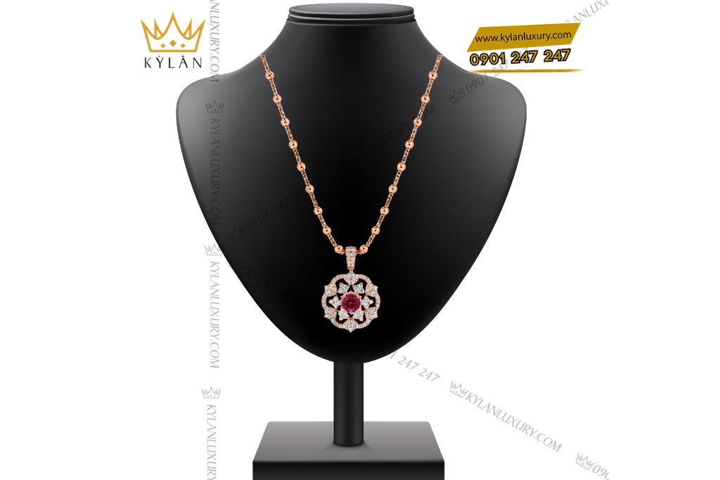 Kỳ Lân Luxury Day chuyen vang hong Au750 dinh kim cuong va sapphire do 2 Dây chuyền vàng hồng Au750 đính kim cương và sapphire đỏ