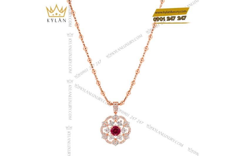 Dây chuyền vàng hồng Au750 đính kim cương và sapphire đỏ