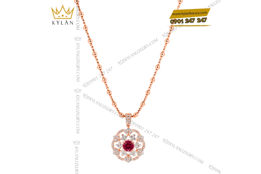 Dây chuyền vàng hồng Au750 đính kim cương và sapphire đỏ