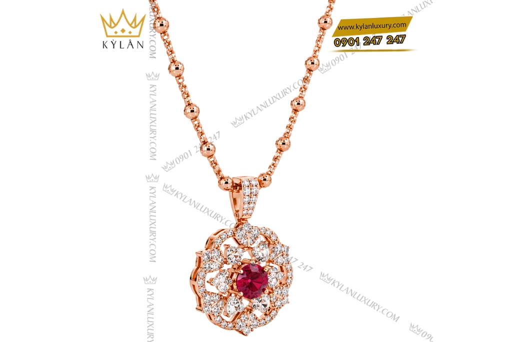 Dây chuyền vàng hồng Au750 đính kim cương và sapphire đỏ