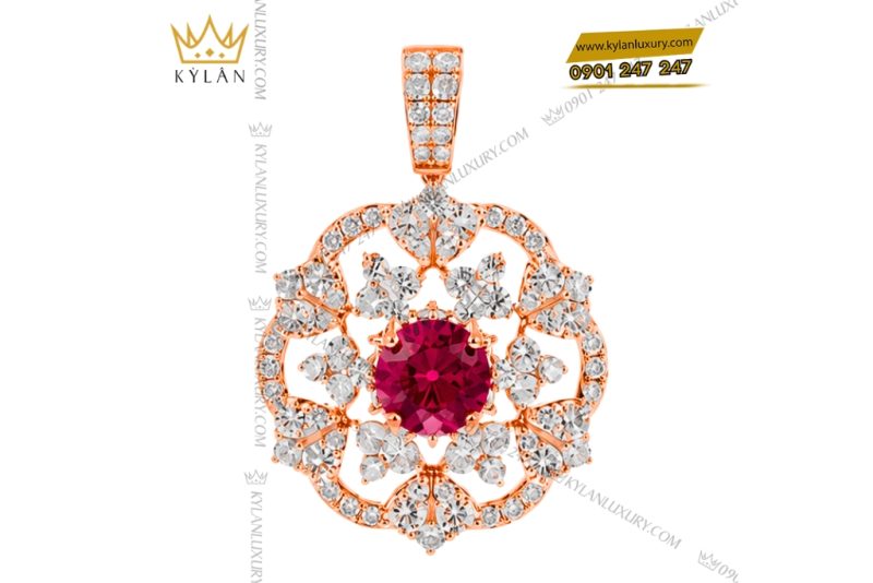 Dây chuyền vàng hồng Au750 đính kim cương và sapphire đỏ