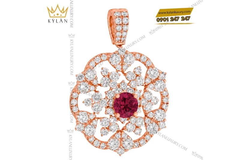 Dây chuyền vàng hồng Au750 đính kim cương và sapphire đỏ