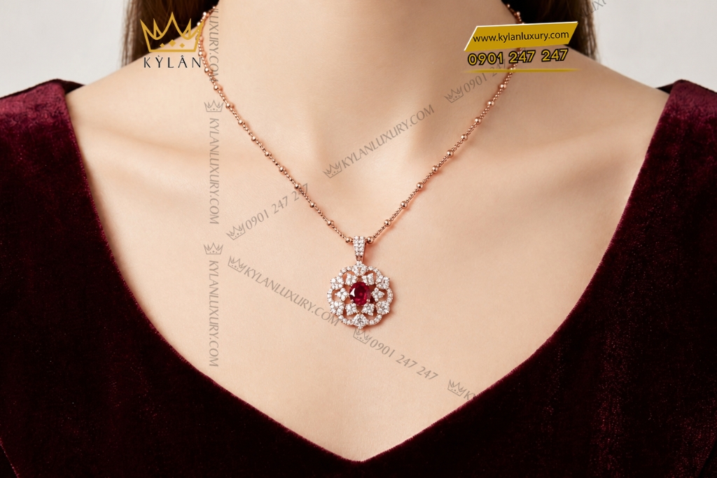 Dây chuyền vàng hồng Au750 đính kim cương và sapphire đỏ