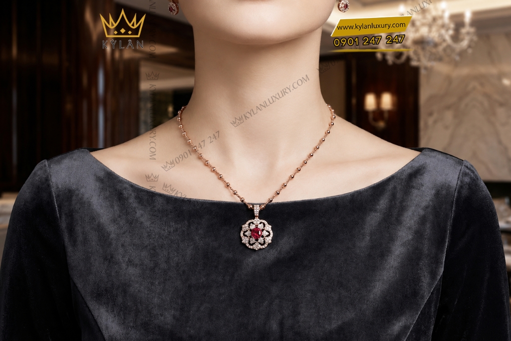 Dây chuyền vàng hồng Au750 đính kim cương và sapphire đỏ