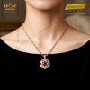 Dây chuyền vàng hồng Au750 đính kim cương và sapphire đỏ