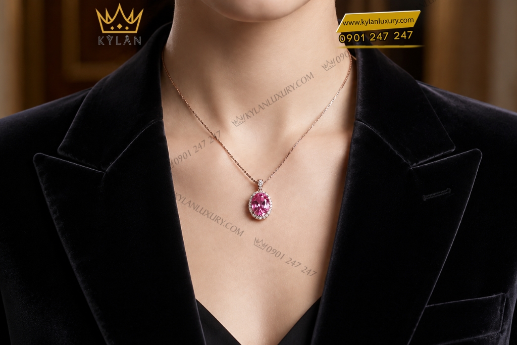Dây chuyền vàng hồng Au750 đính viên chủ sapphire hồng
