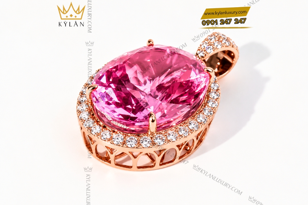 Dây chuyền vàng hồng Au750 đính viên chủ sapphire hồng