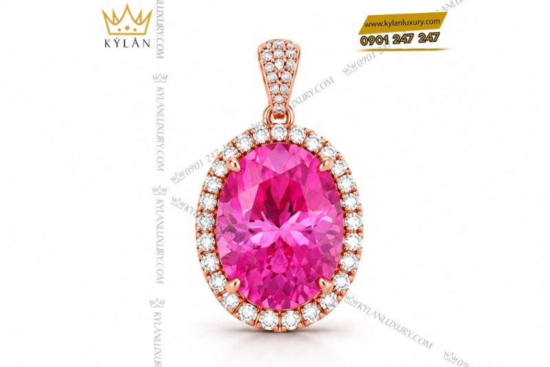 Dây chuyền vàng hồng Au750 đính viên chủ sapphire hồng
