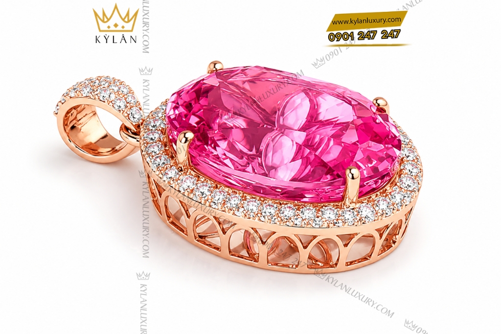 Kỳ Lân Luxury Day chuyen vang hong Au750 dinh vien chu sapphire hong 7 Dây chuyền vàng hồng Au750 đính viên chủ sapphire hồng