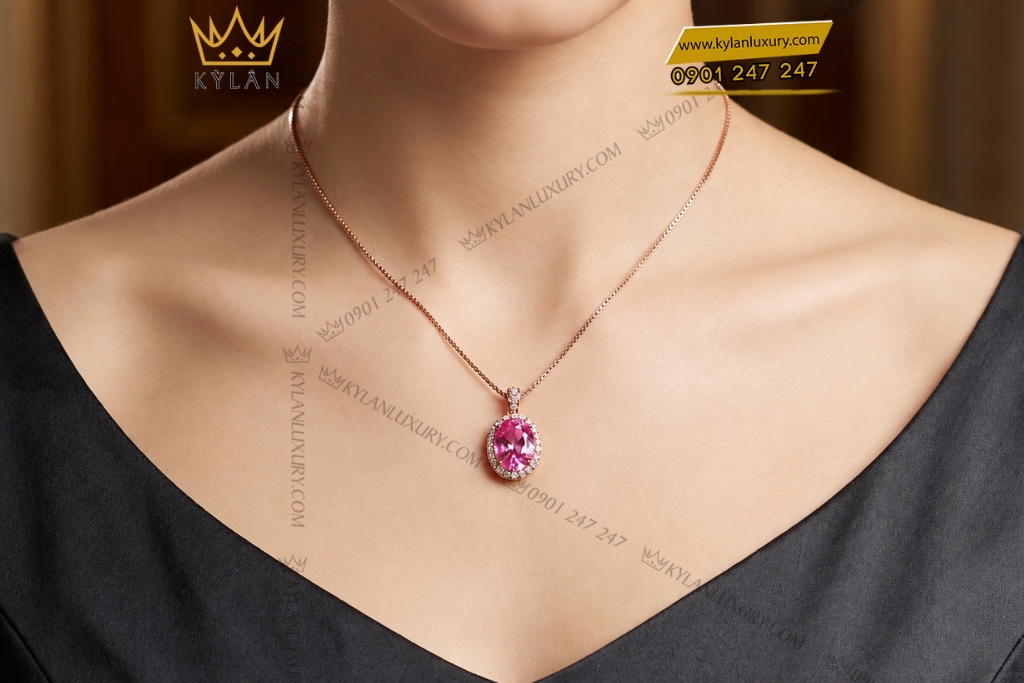 Kỳ Lân Luxury Day chuyen vang hong Au750 dinh vien chu sapphire hong 8 Dây chuyền vàng hồng Au750 đính viên chủ sapphire hồng