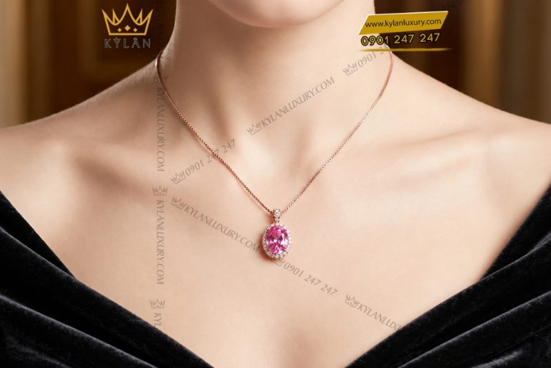 Dây chuyền vàng hồng Au750 đính viên chủ sapphire hồng