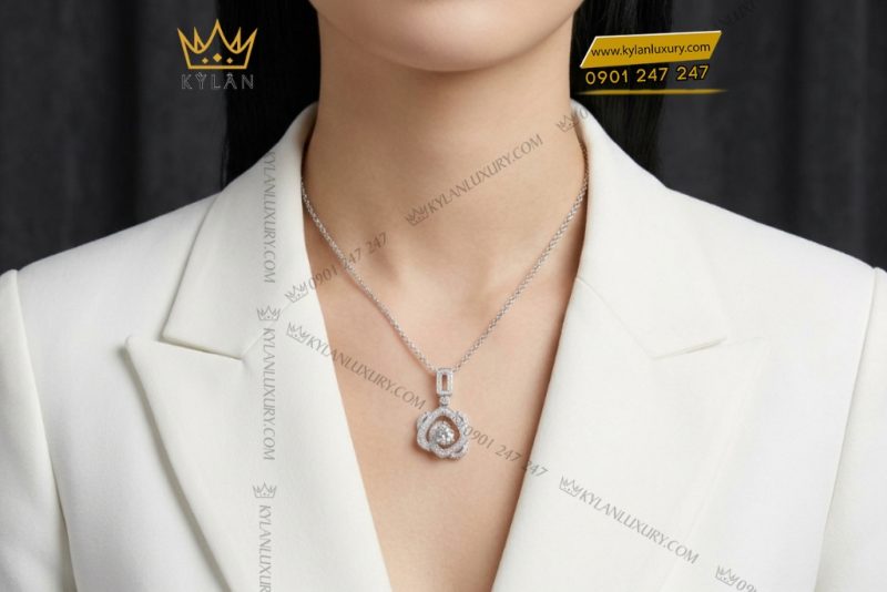 Dây chuyền vàng trắng Au750 đính kim cương