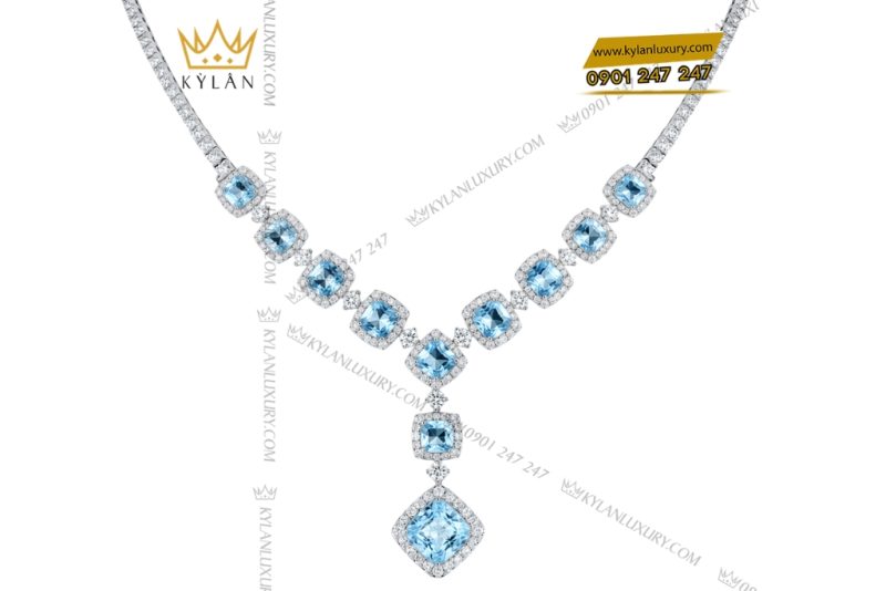 Dây chuyền vàng trắng Au750 đính kim cương và đá Topaz