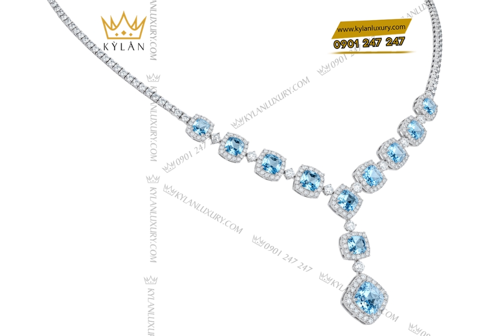 Dây chuyền vàng trắng Au750 đính kim cương và đá Topaz
