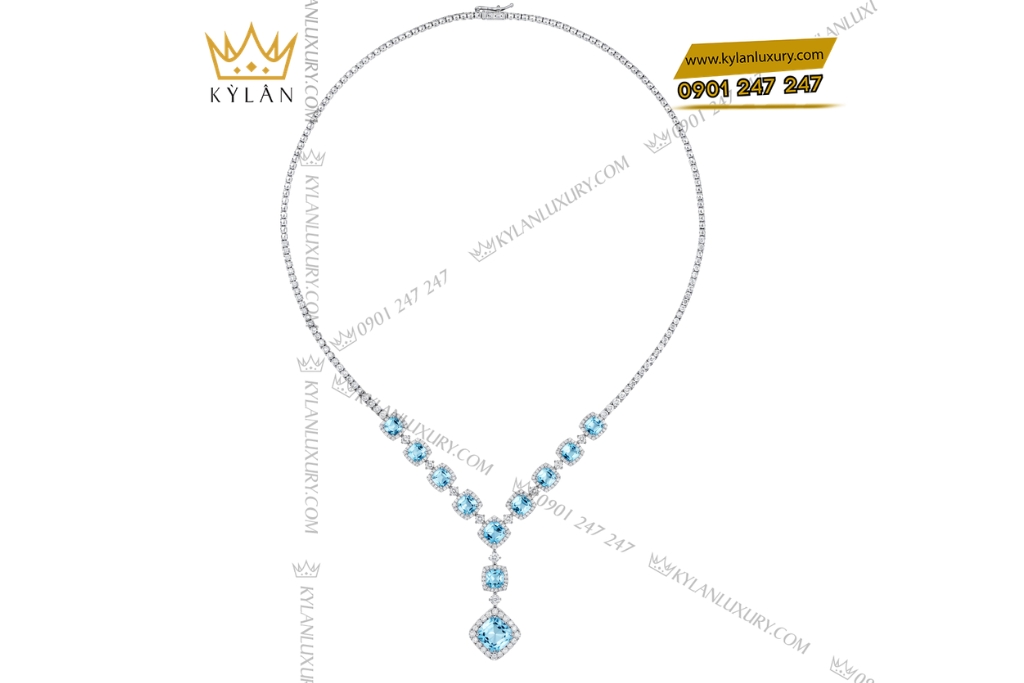 Dây chuyền vàng trắng Au750 đính kim cương và đá Topaz