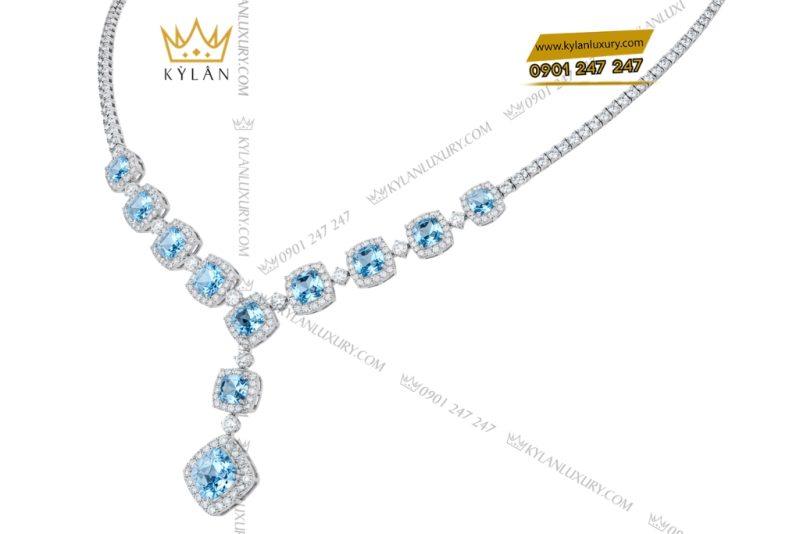 Dây chuyền vàng trắng Au750 đính kim cương và đá Topaz
