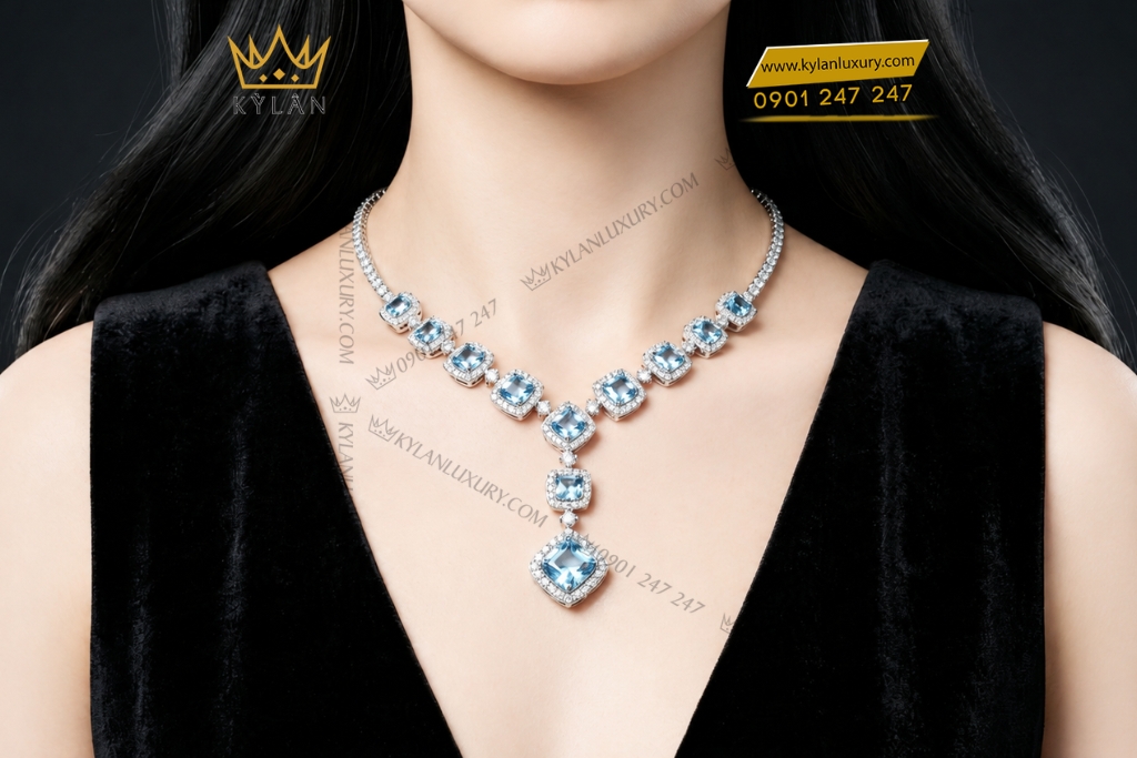 Kỳ Lân Luxury Day chuyen vang trang Au750 dinh kim cuong va da Topaz 7 Dây chuyền vàng trắng Au750 đính kim cương và đá Topaz