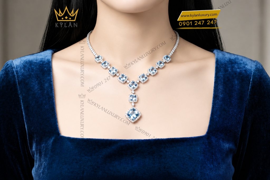 Dây chuyền vàng trắng Au750 đính kim cương và đá Topaz