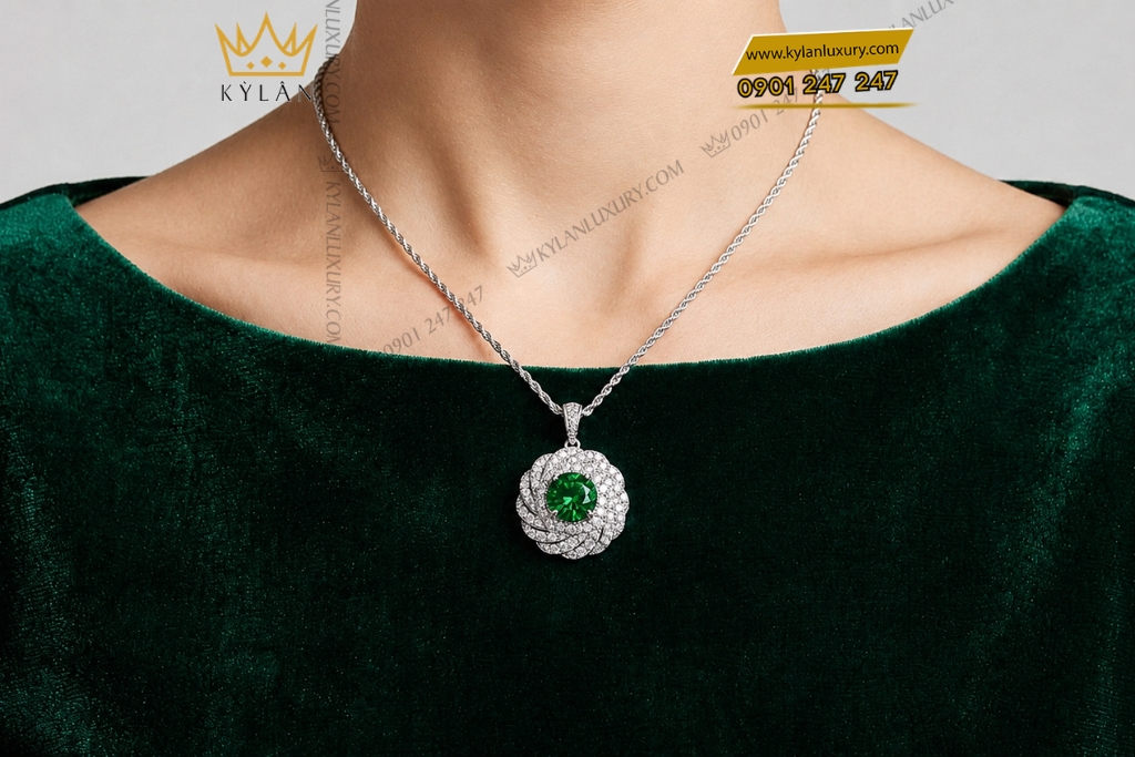 Dây chuyền vàng trắng Au750 đính kim cương và ngọc lục bảo