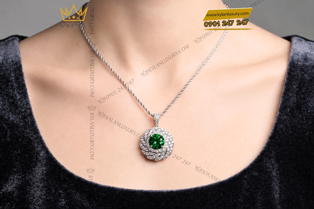Kỳ Lân Luxury Day chuyen vang trang Au750 dinh kim cuong va ngoc luc bao 8 Dây chuyền vàng trắng Au750 đính kim cương và ngọc lục bảo
