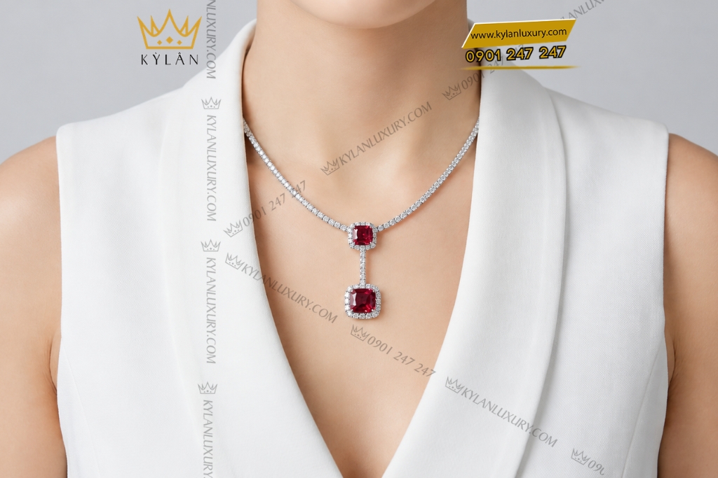 Dây chuyền vàng trắng Au750 đính kim cương và sapphire đỏ
