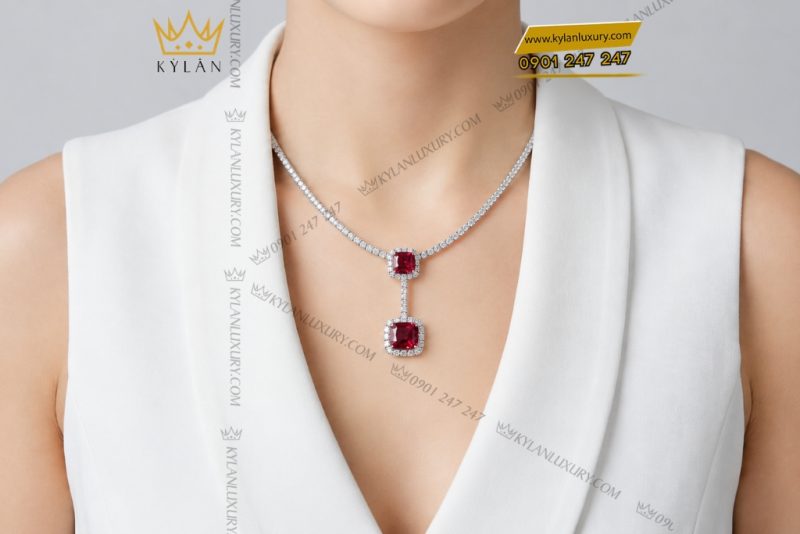 Dây chuyền vàng trắng Au750 đính kim cương và sapphire đỏ