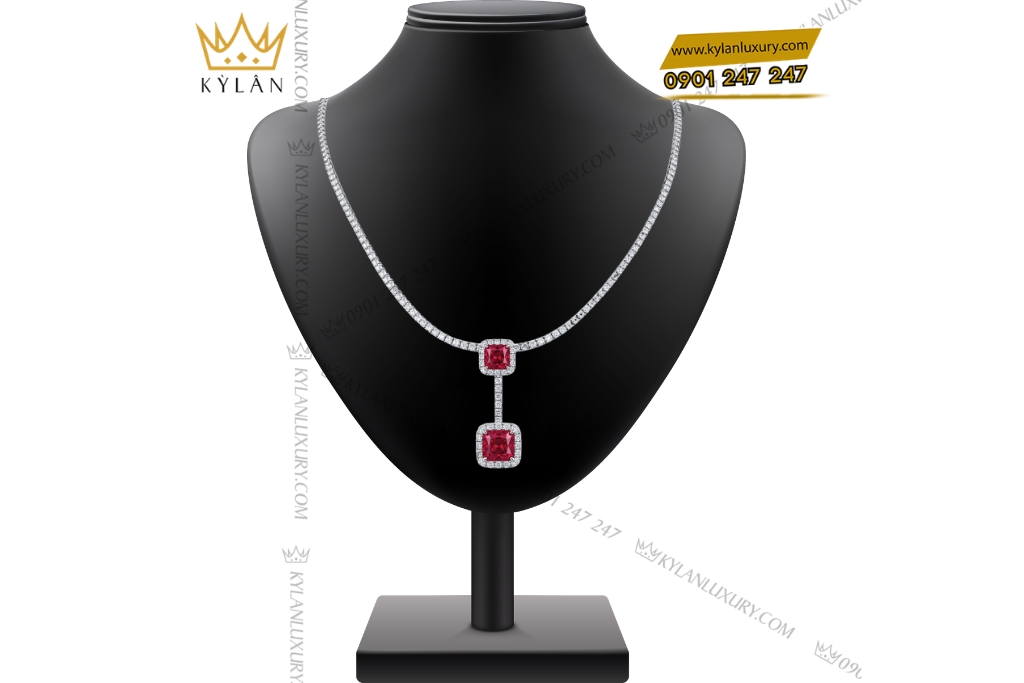 Kỳ Lân Luxury Day chuyen vang trang Au750 dinh kim cuong va sapphire do 2 Dây chuyền vàng trắng Au750 đính kim cương và sapphire đỏ