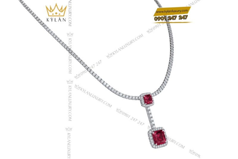 Dây chuyền vàng trắng Au750 đính kim cương và sapphire đỏ